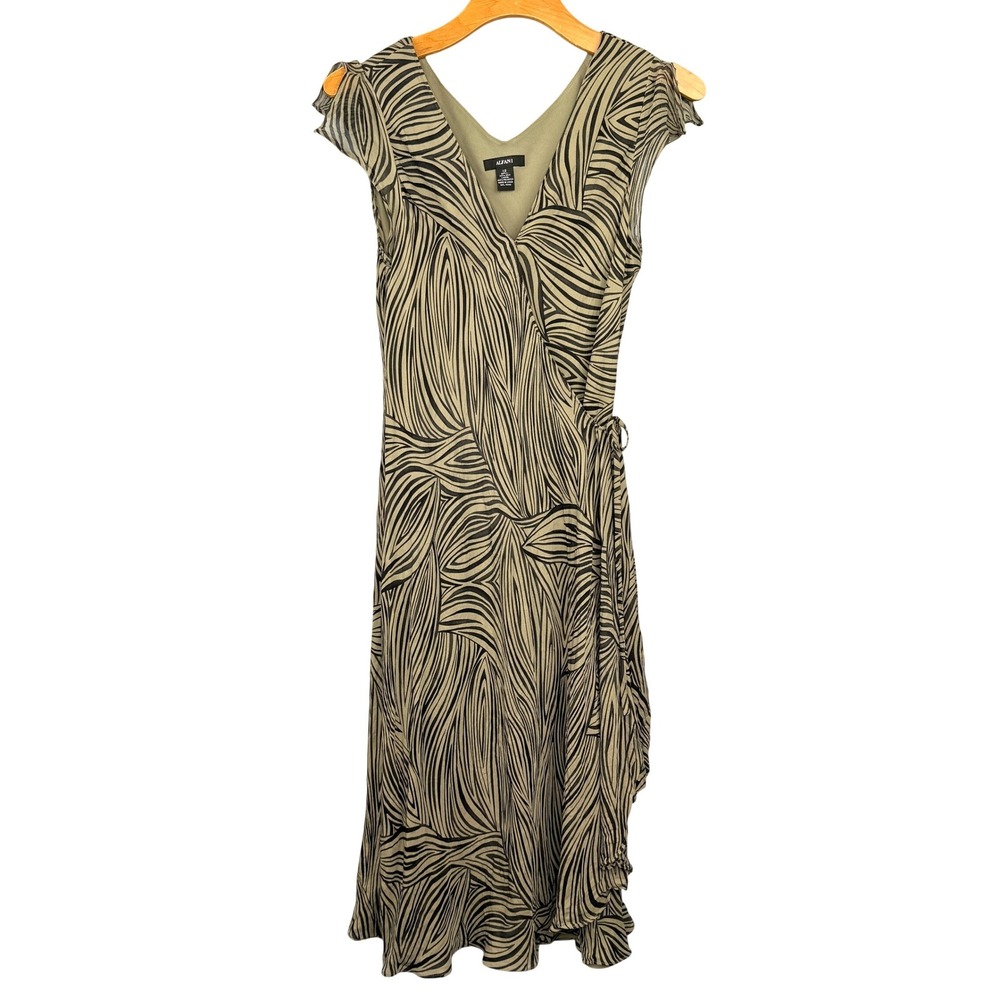 Alfani Wrap Dress Women 12 Green Black Silk Abstract Print Sleeveless Ruffle Hem
